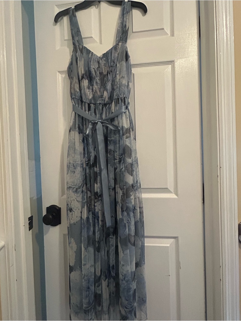 Women's Blue Floral Print Maxi Dress with Belt